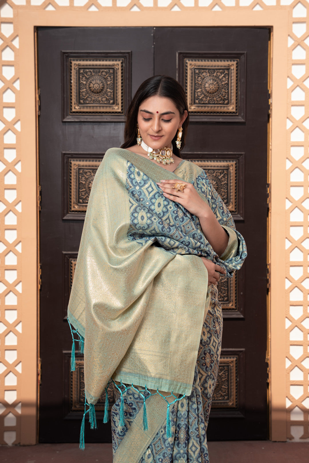 Blue Cotton Ikkat Silk Saree With Zari Woven Work