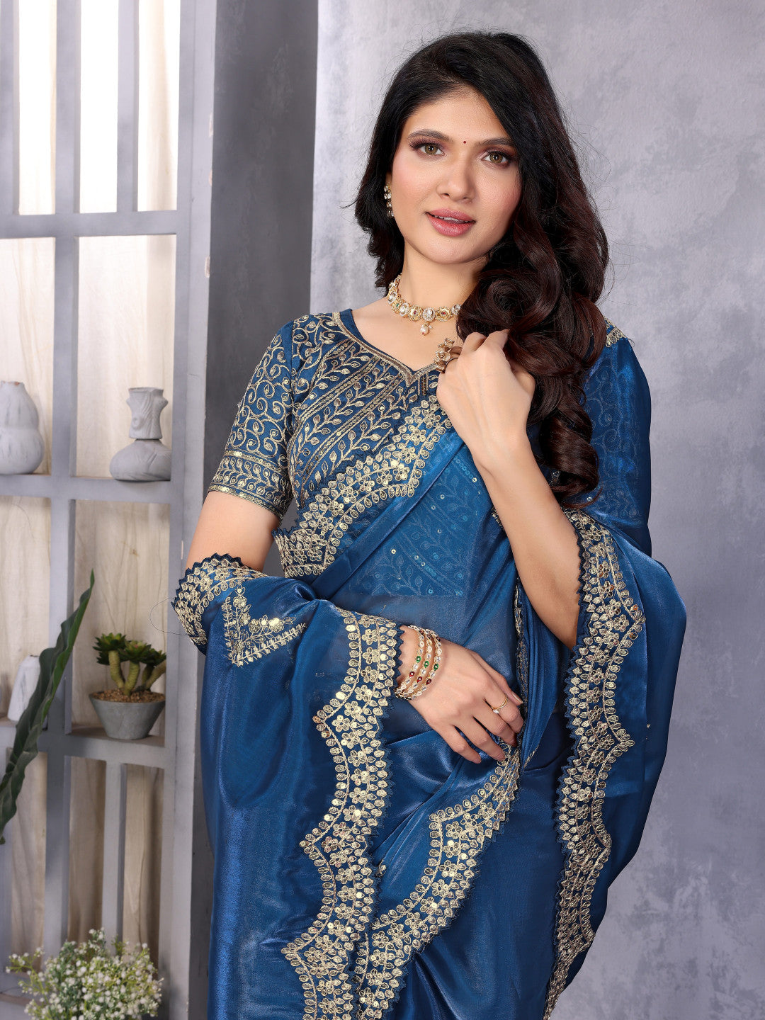 Blue Fancy Shimmer Chiffon Saree With Embroidery Work