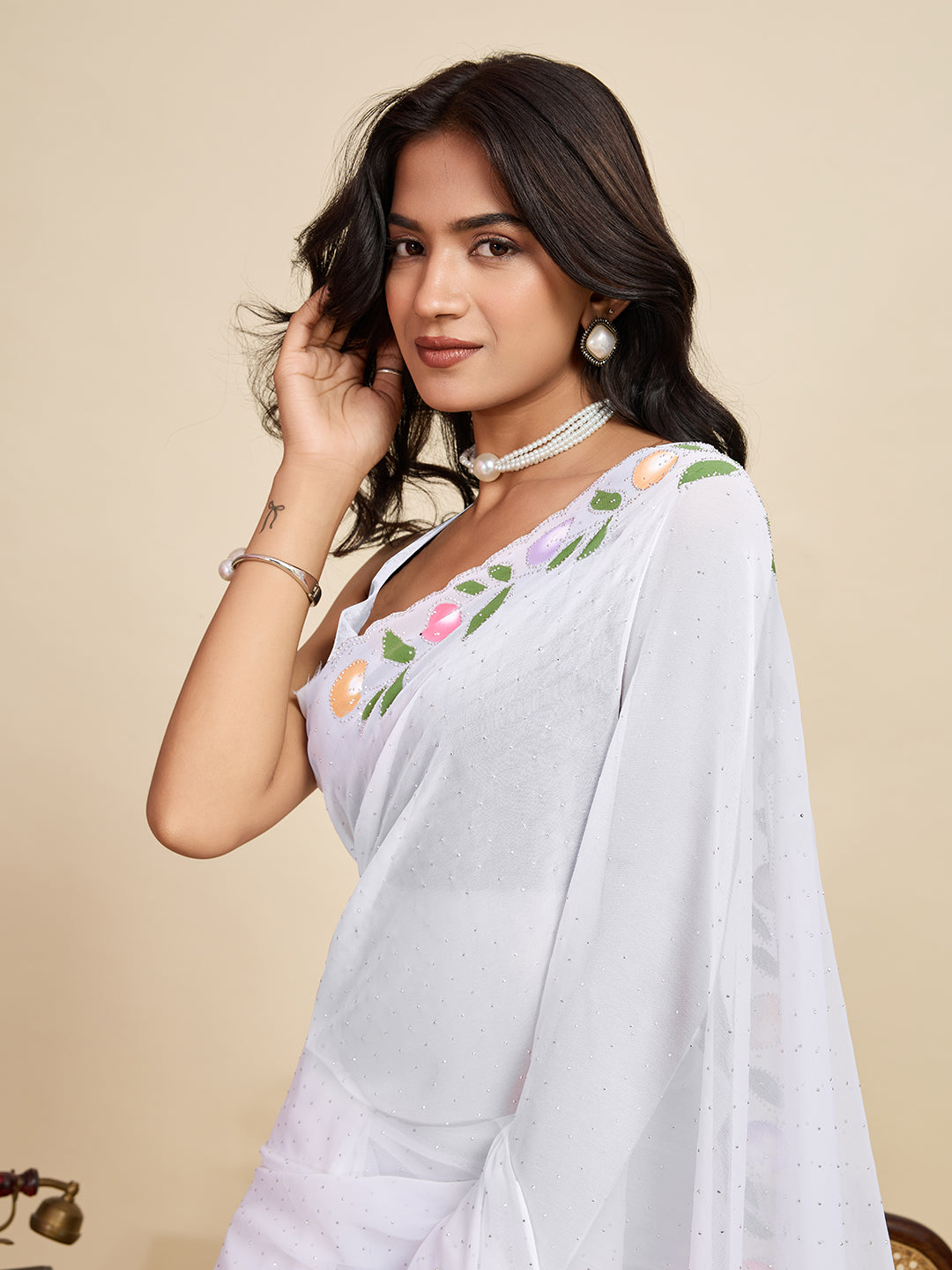 White Color Georgette Saree With Brush Print And Siroski Work