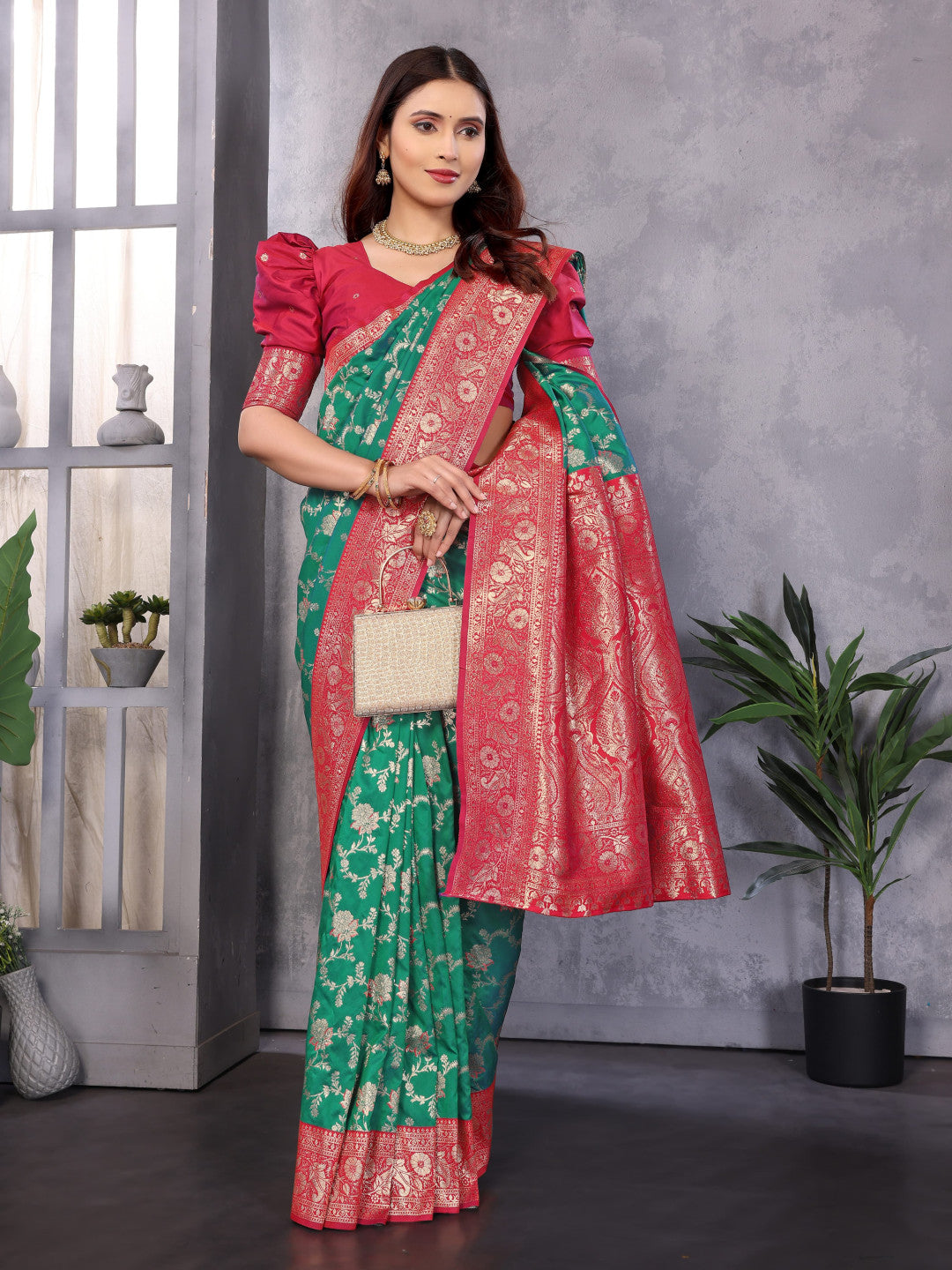 Rama Green Premium Banarasi Silk Saree With Zari Weaving Work