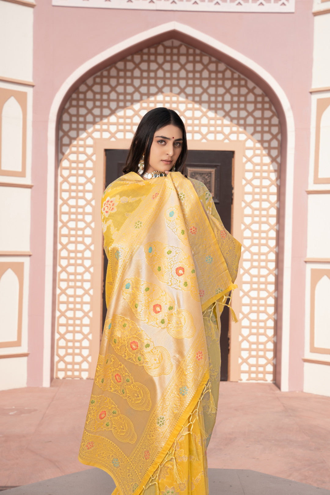 Yellow Banarasi Cotton Silk Saree With Zari Woven Work