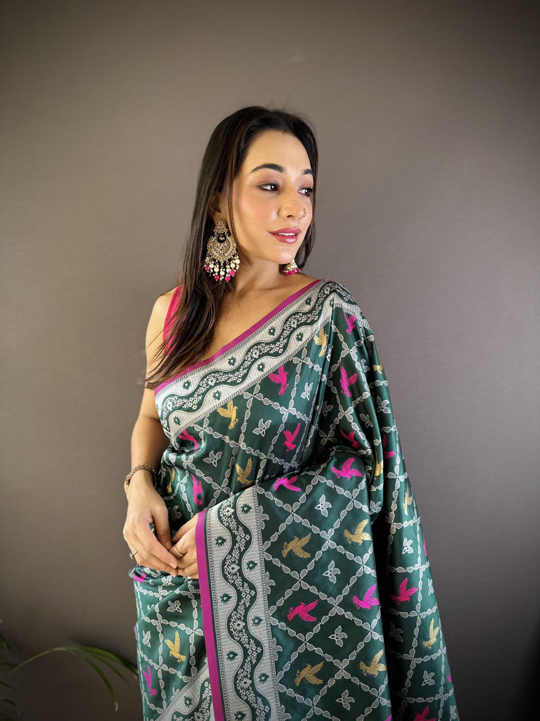 Dark Green Lichi Silk Saree With Zari Weaving Work