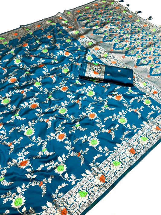 Firoji Banarasi Silk Saree With Meenakari Zari Weaving Work