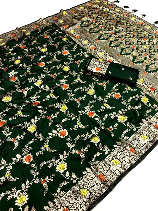 Dark Green Banarasi Silk Saree With Meenakari Zari Weaving Work