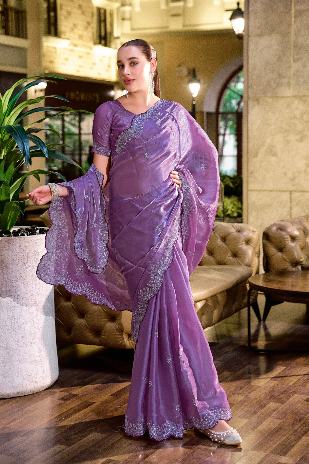 Lavender Fancy Shimmer Chiffon Saree With Embroidery Work