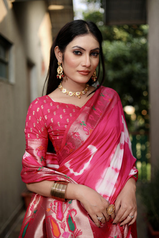 Rani Pink Color Soft Dola Silk Saree With Shibori Print & Zari Weaving Work