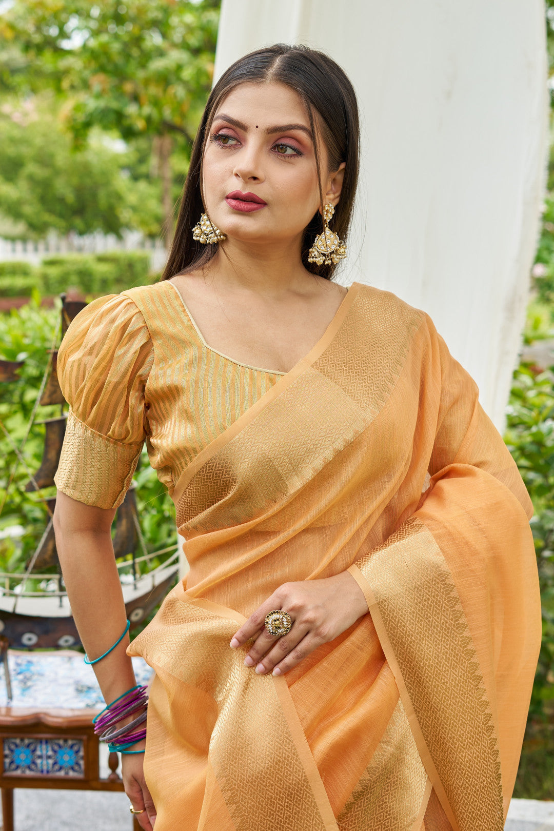 Orange Color Linen Cotton Saree With Zari Weaving Border