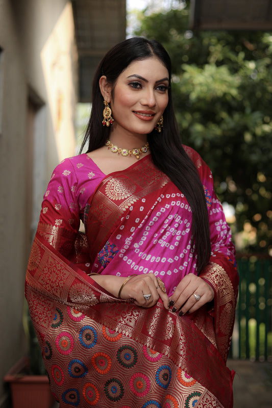 Multi Color Soft Bandhej Silk Saree With Zari Weaving Work