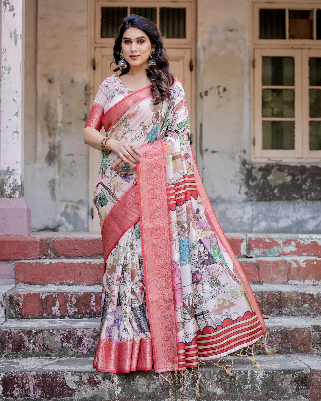 Multi Digital Kalamkari Printed Tussar Silk Saree With Zari Motif Border