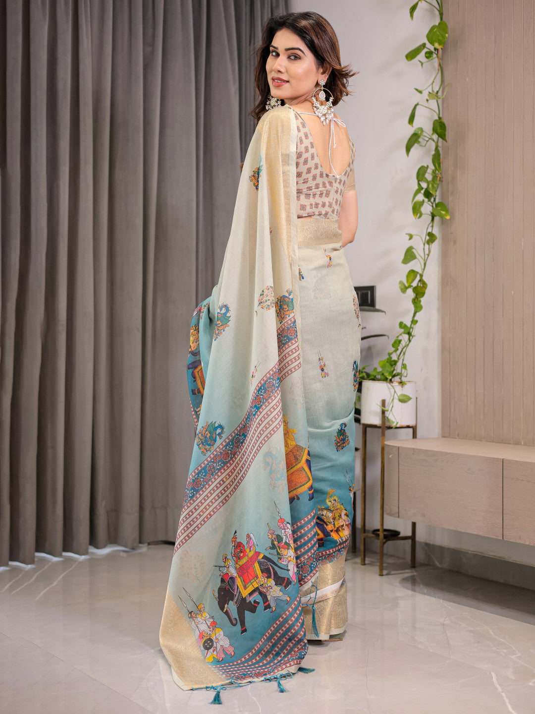 Kalamkari Digital Printed Linen Cotton Saree