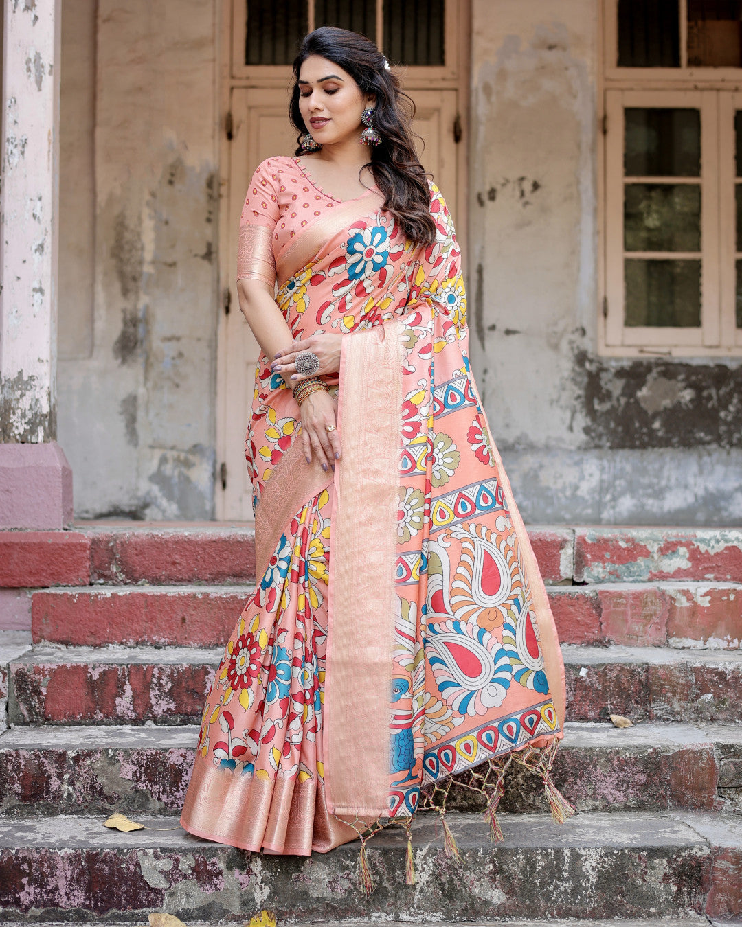 Peach Kalamakari Digital Printed Tussar Silk Saree With Zari Motif Border