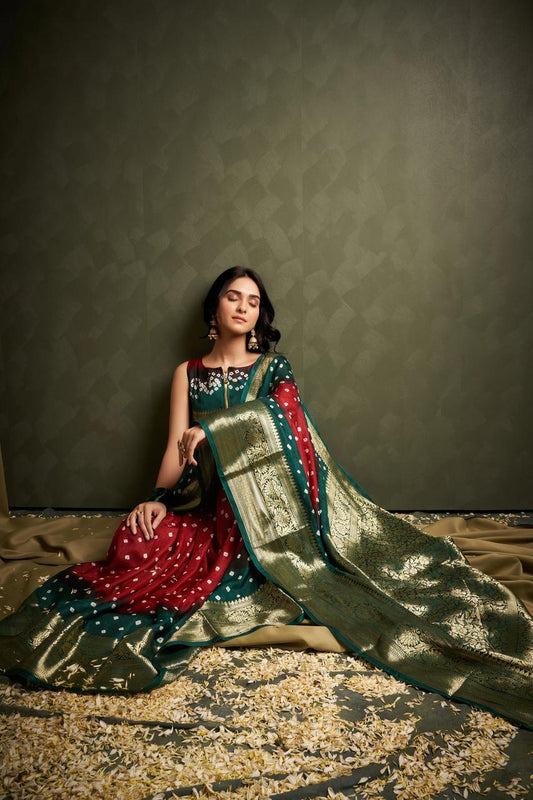 Hand Bandhej Bandhani Saree With Zari Border