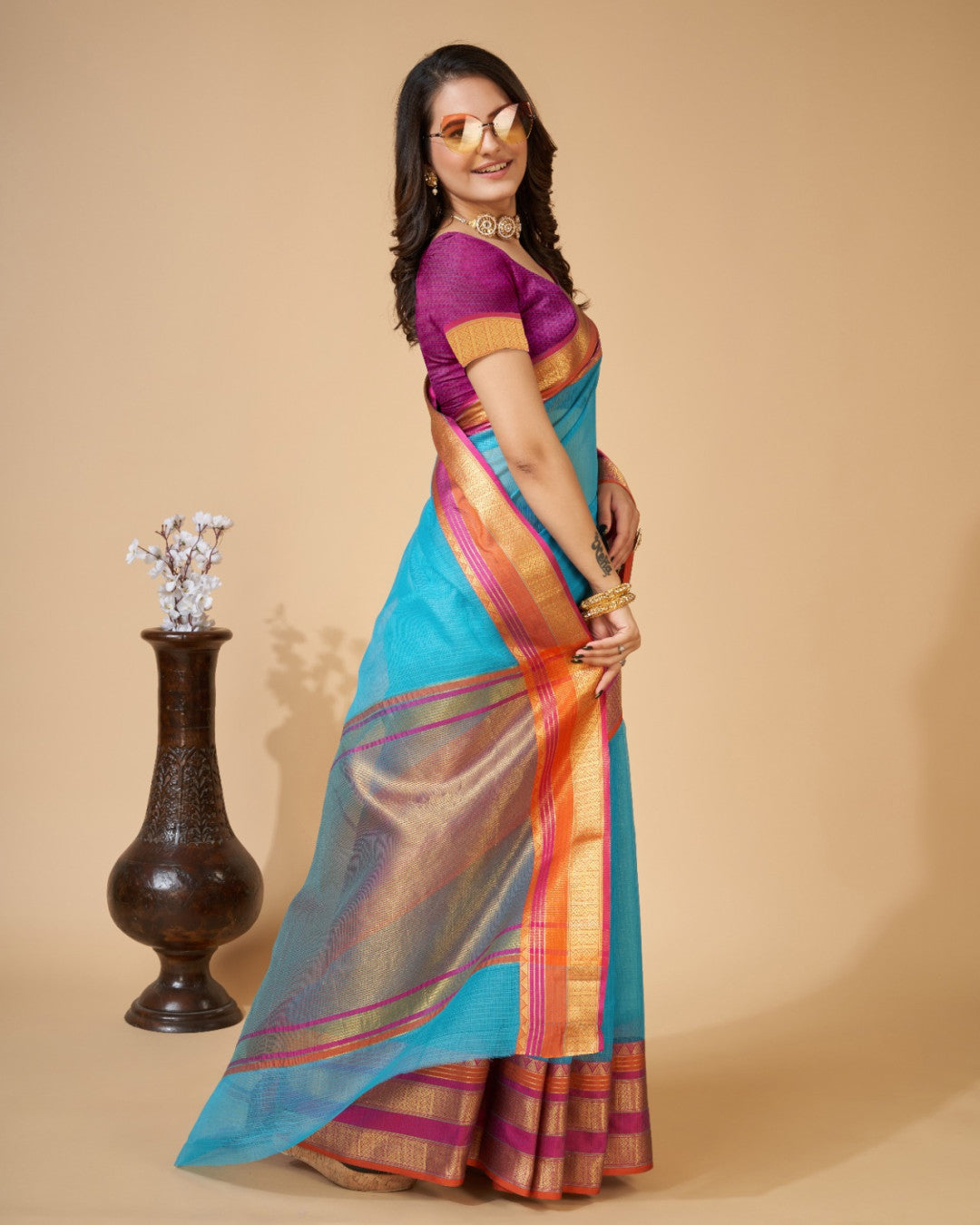 Firoji Color Kota Doriya Saree With Zari Weaving Work
