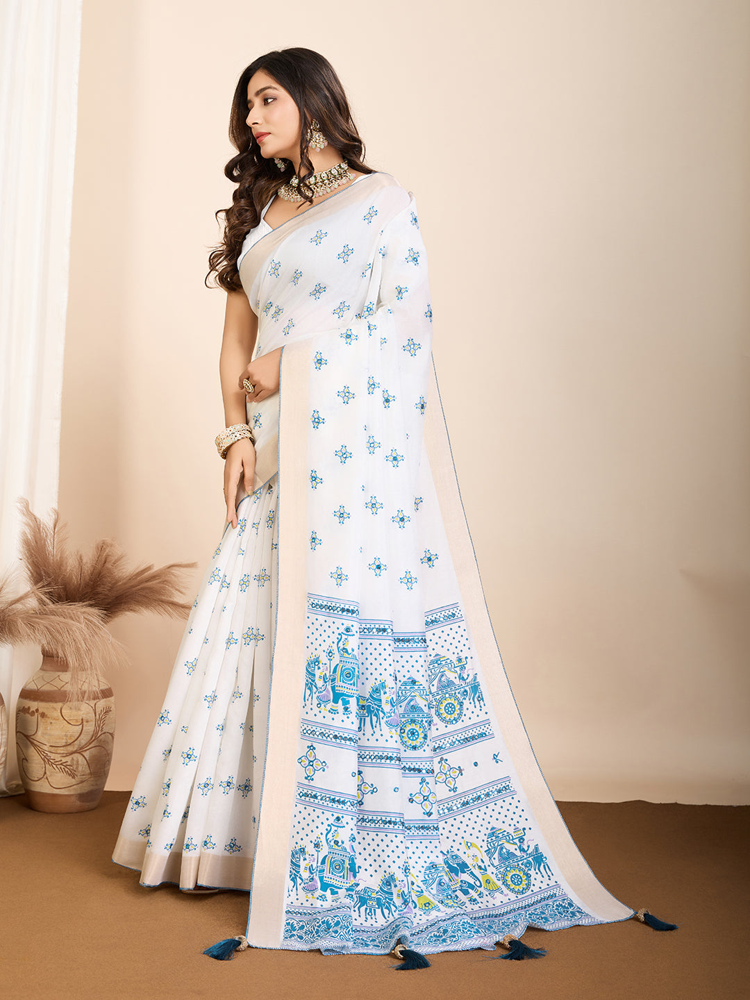 White Soft Cotton Saree With Printed Work