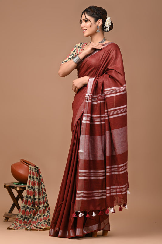 Maroon Colour Pure Plain Linen Cotton Saree With Ajrakh Blockprinted Cotton Blouse
