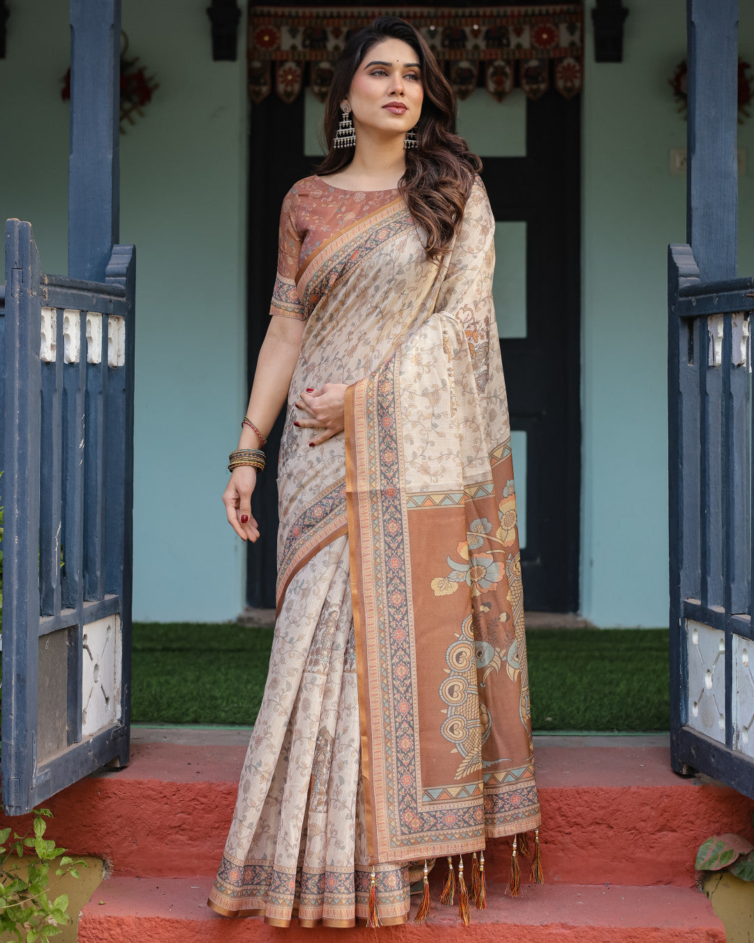 Kalamkari Digital Printed Linen Cotton Saree