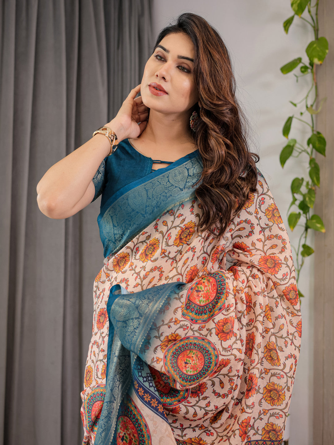 Multi Kalamkari Digital Printed Linen Cotton Saree
