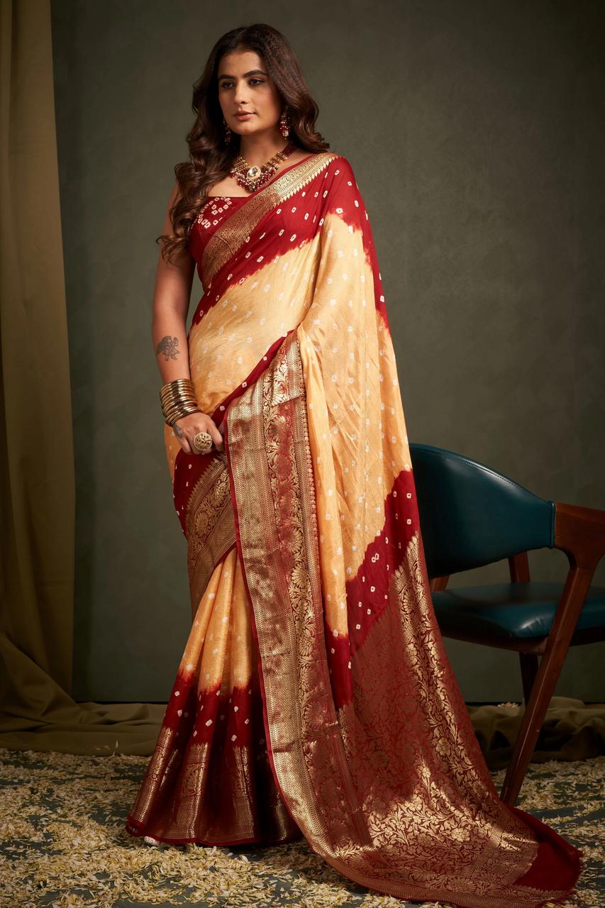 Hand Bandhej Bandhani Saree With Zari Border