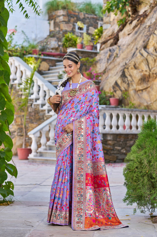 Purple Color Banarasi Silk Saree With Zari Weaving Work