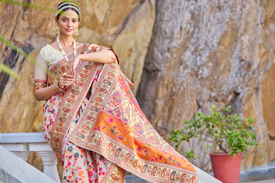 Off White Color Banarasi Silk Saree With Zari Weaving Work