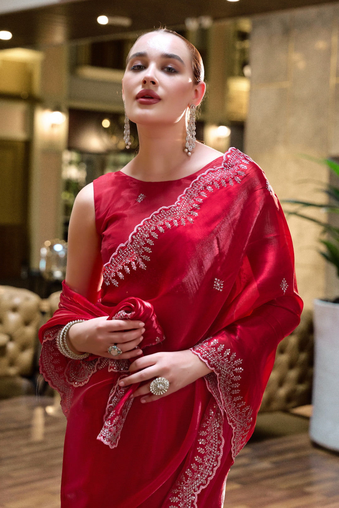 Red Fancy Shimmer Chiffon Saree With Embroidery Work