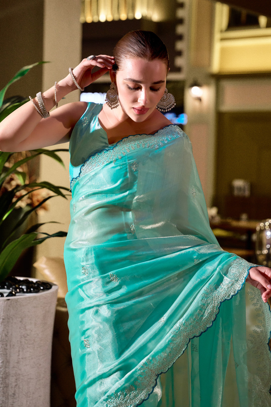 Sea Green Fancy Shimmer Chiffon Saree With Embroidery Work