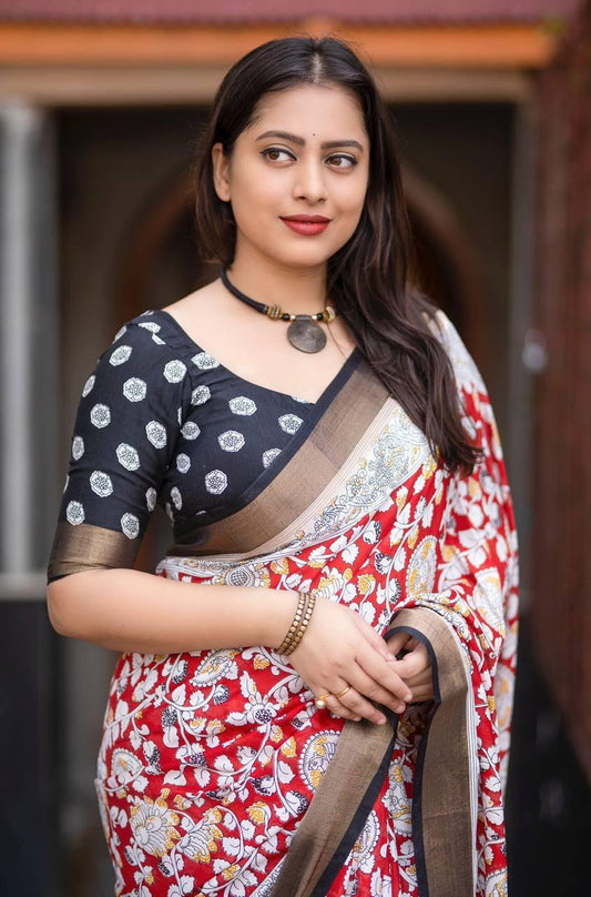 Red Soft Linen Cotton Saree With Kalamkari Printed Work