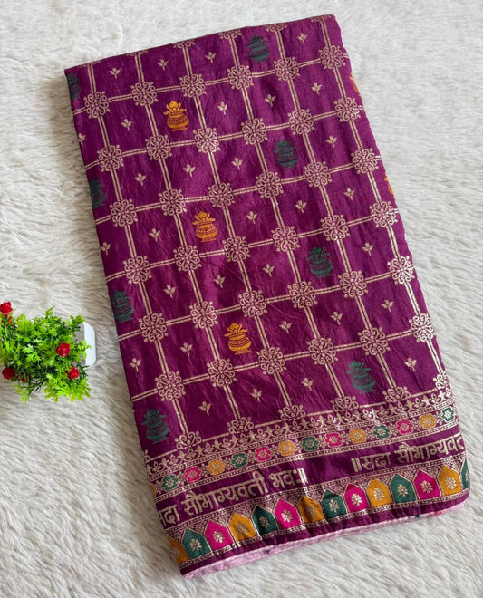 Magenta Viscose Silk Saree With Meenakari Zari Weaving Work With Contrast Piping