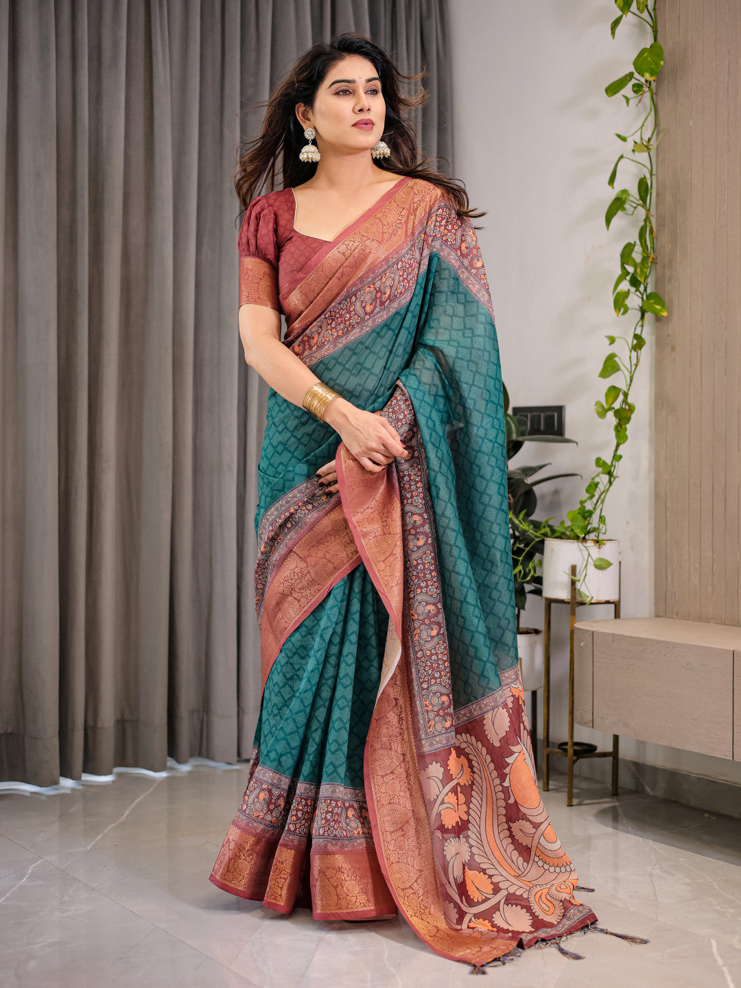 Kalamkari Digital Printed Linen Cotton Saree