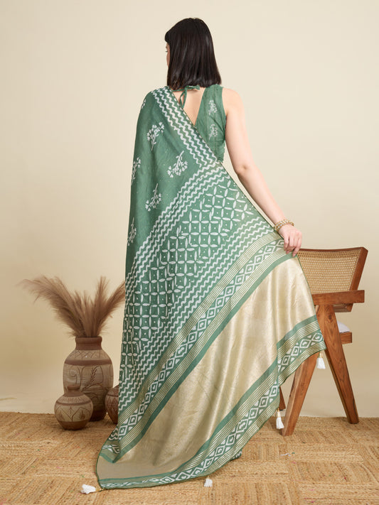 Light Green Batik Printed Soft Cotton Saree With Sequence Work