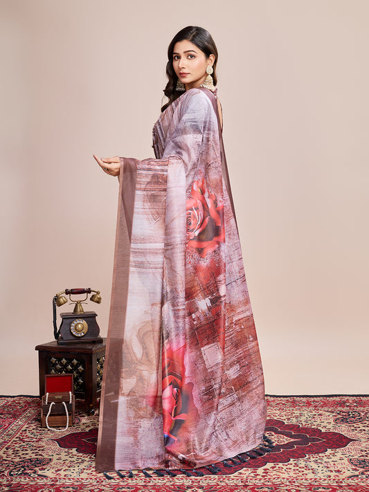 Brown Soft Linen Cotton Saree With Floral Printed Work