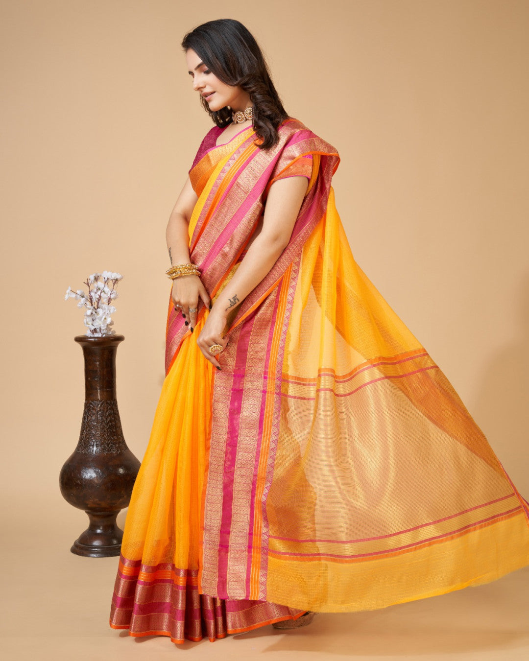Yellow Color Kota Doriya Saree With Zari Weaving Work