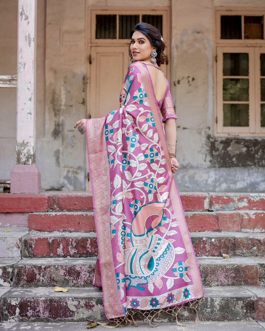 Light Magenta Kalamkari Digital Printed Tussar Silk Saree With Zari Motif Border