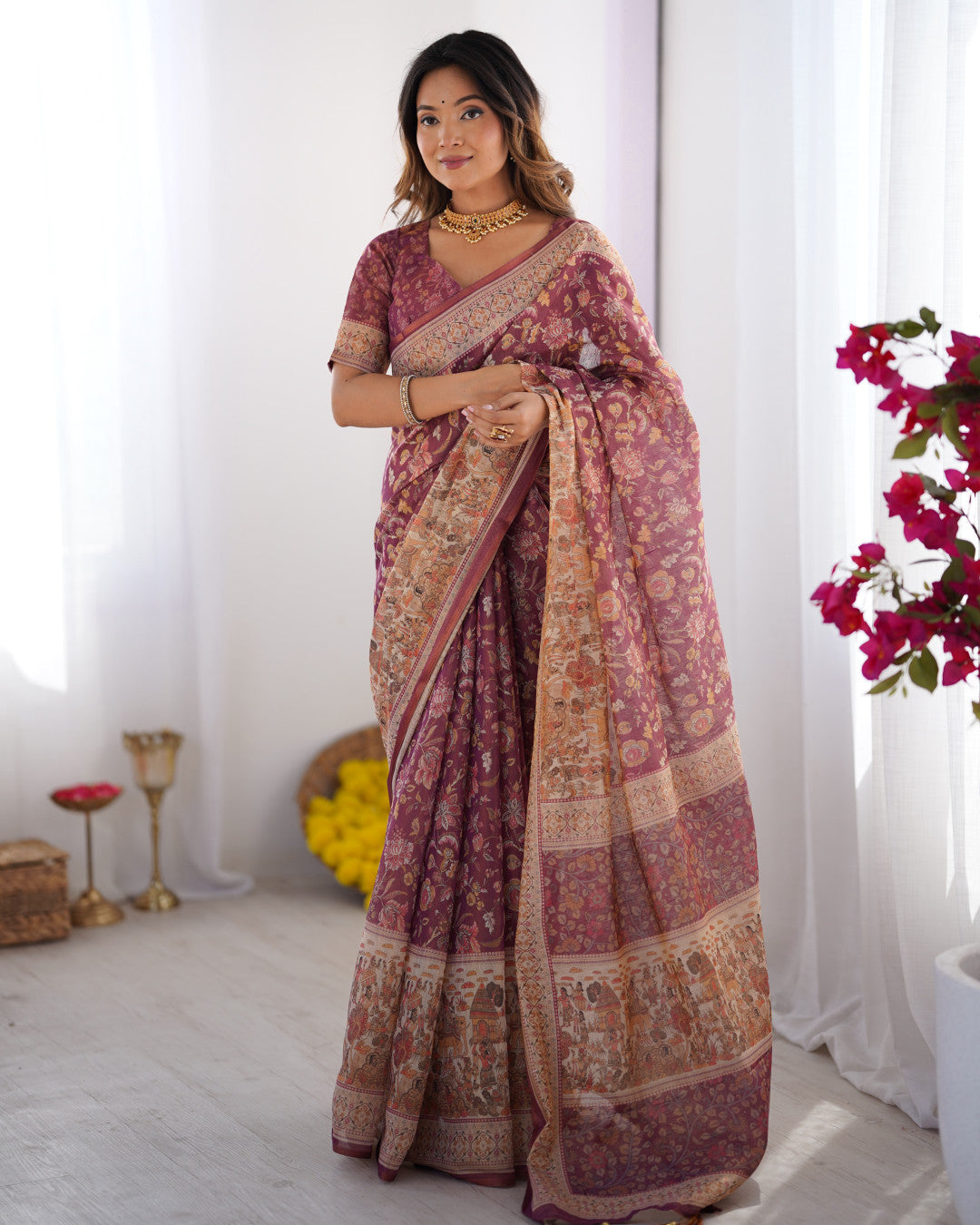 Multi Color Kalamkari Digital Printed Linen Cotton Saree