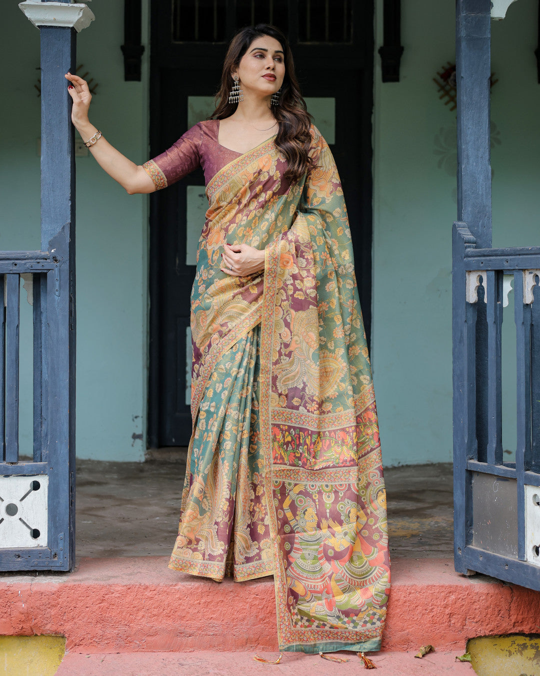 Multi Kalamkari Digital Printed Linen Cotton Saree