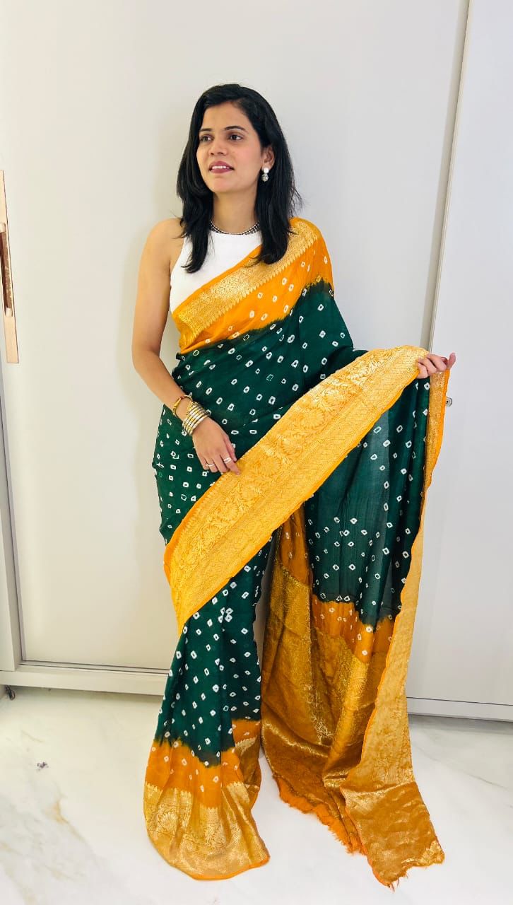 Hand Bandhej Bandhani Saree With Zari Border