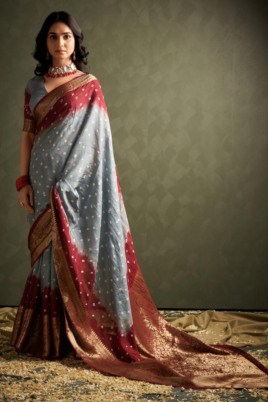 Hand Bandhej Bandhani Saree With Zari Border
