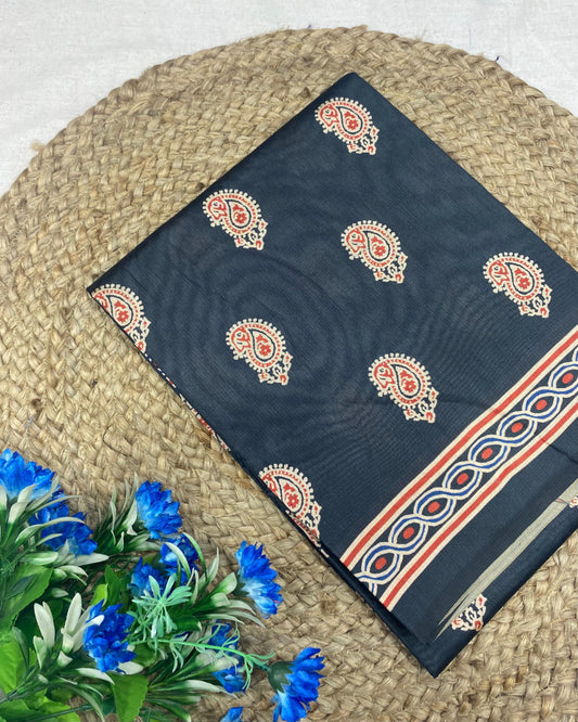 Black Ajrakh Print Tussar Silk Saree