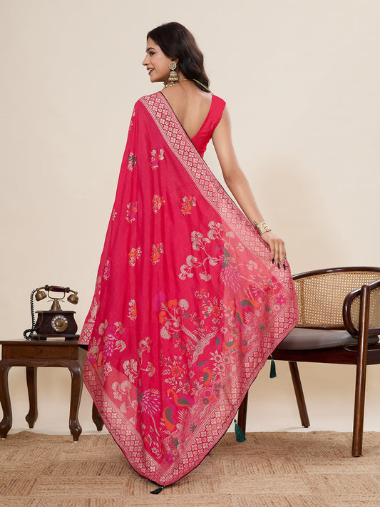 Gajari Cotton Saree With Table Printed And Foil Work With Pipeing Border