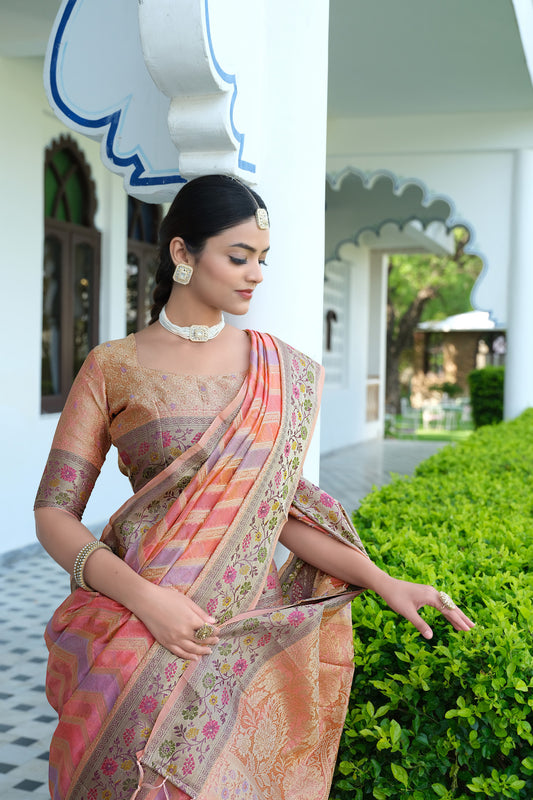 Pink Color Soft Organza Silk Saree With Zari Weaving Work