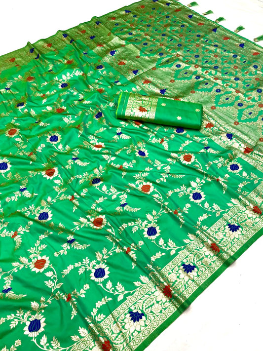 Light Green Banarasi Silk Saree With Meenakari Zari Weaving Work