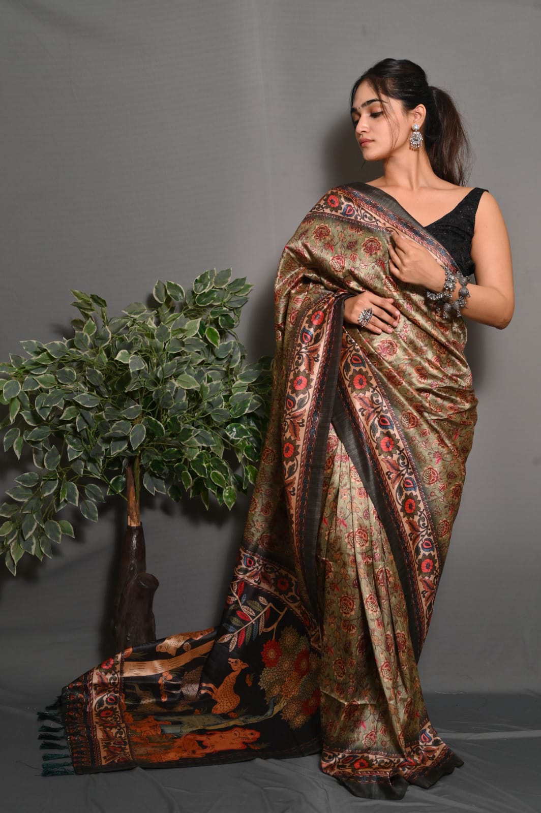 Pista Green Color Soft Silk Saree With Kalamkari Digital Printed Work