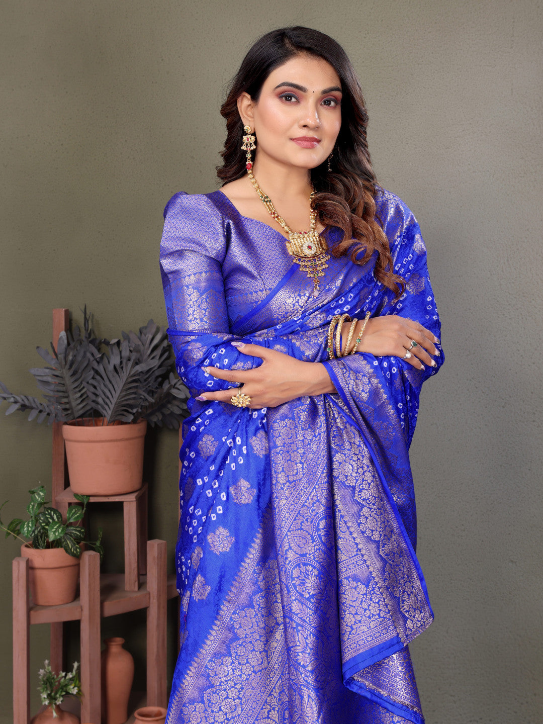 Royal Blue Premium Bandhej Silk Saree With Zari Weaving Work