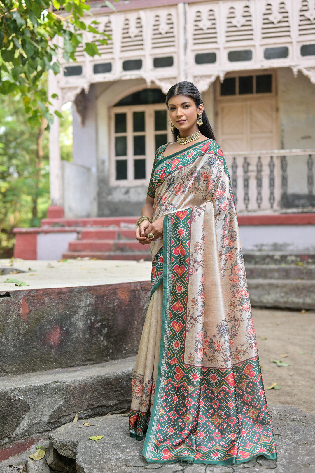 Green Color Soft Tussar Silk Saree With Patola Printed Work