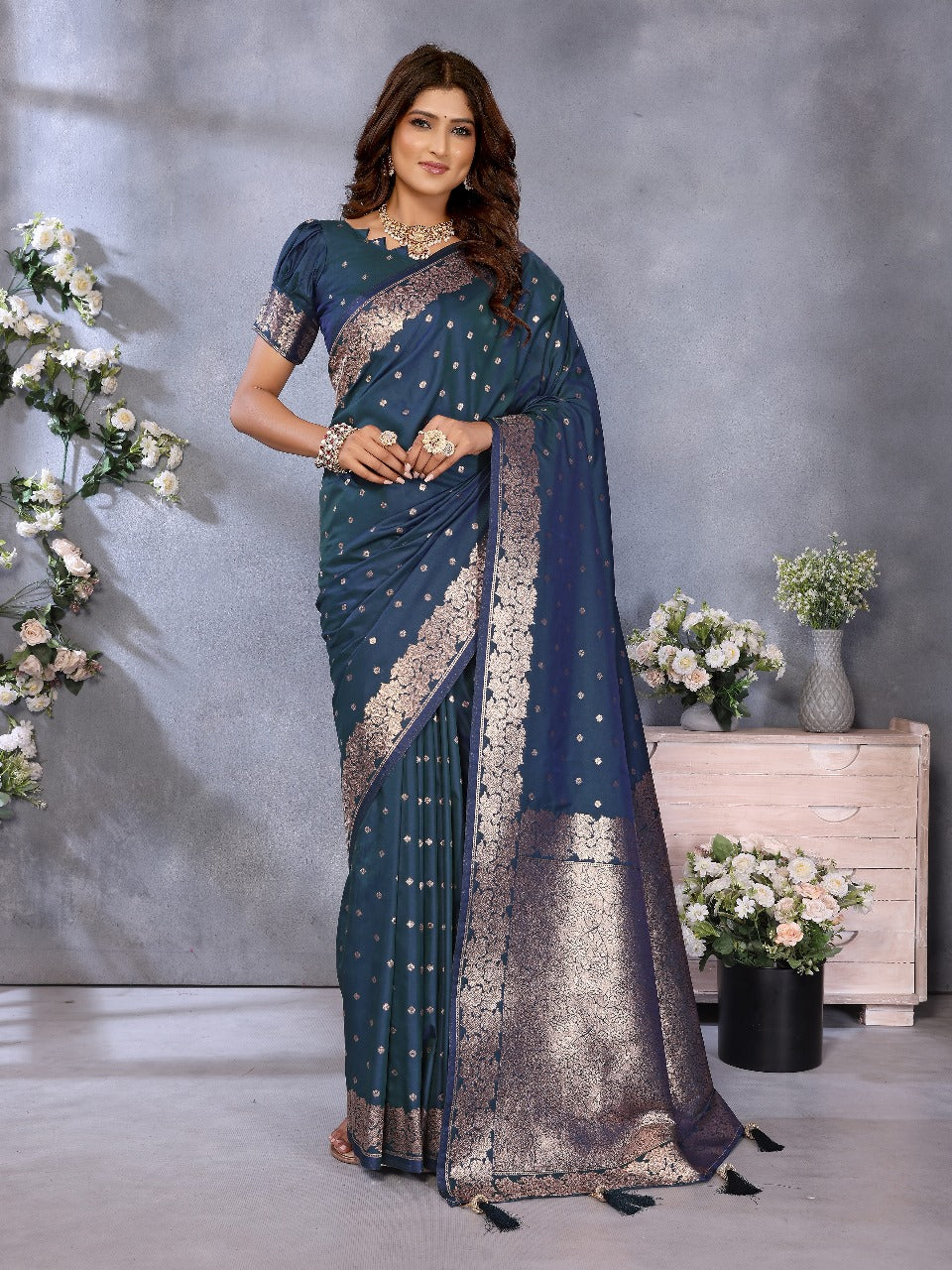 Firoji Traditional Banarasi Silk Saree With Zari Weaving Work