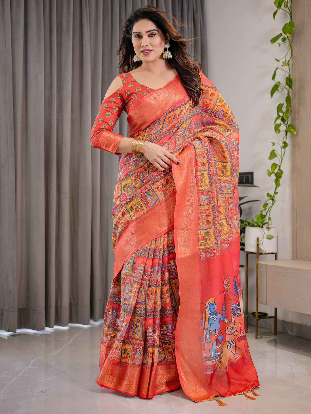 Kalamkari Digital Printed Linen Cotton Saree