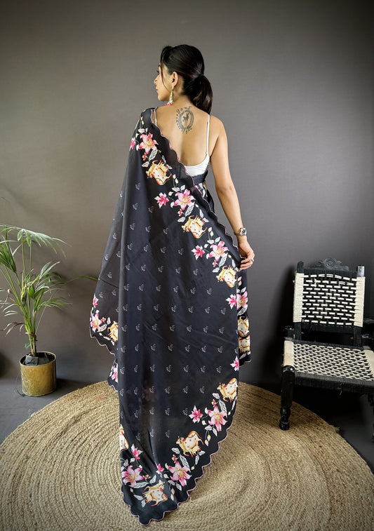 Black Gadhwal Silk Saree With Pichwai Print And Embroidery Cut Work