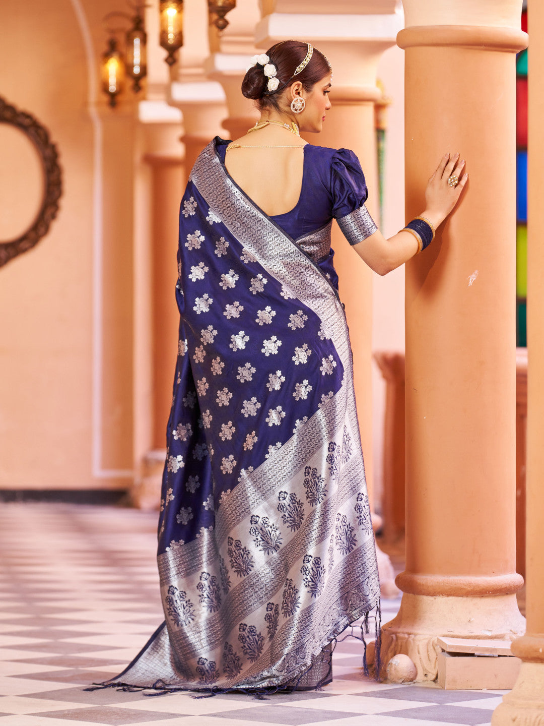 Navy Blue Color Soft Banarasi Silk Saree With Zari Weaving Work