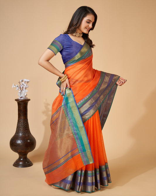 Orange Color Kota Doriya Saree With Zari Weaving Work