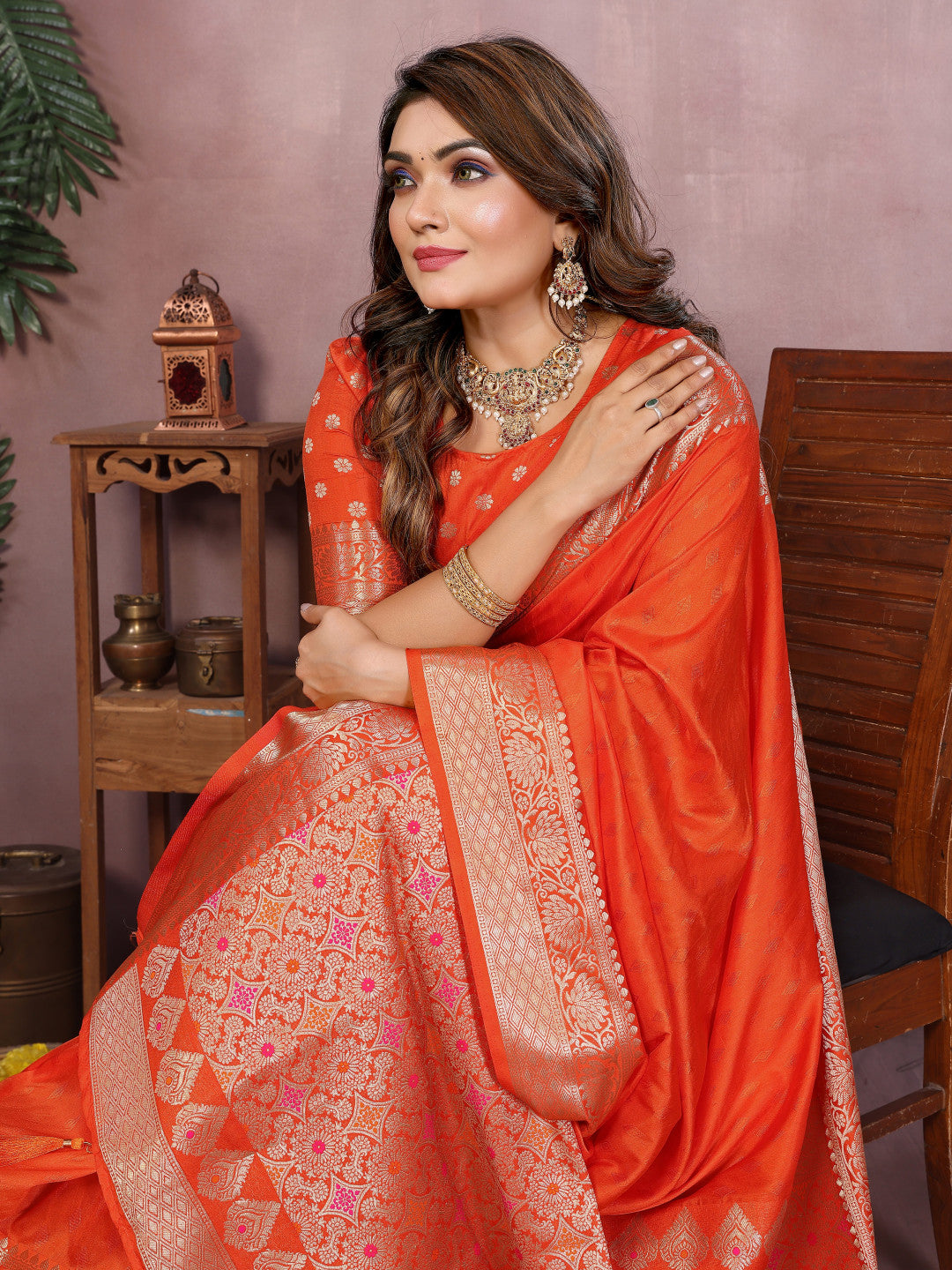 Orange Premium Dola Silk Saree With Meenakari Weaving Work